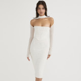 Mesh Panel Long Sleeve Solid Color Dress