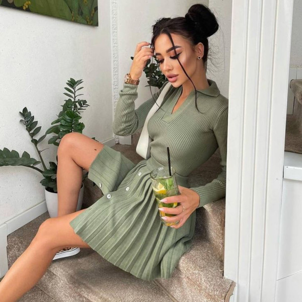 Women's Solid Color Long Sleeve Knit Sweater Top Pleated Skirt AliExpress Fashion Casual Knit Suit