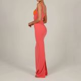 Contrast color low-cut high-slit long skirt irregular backless tight-fitting chest strap dress women