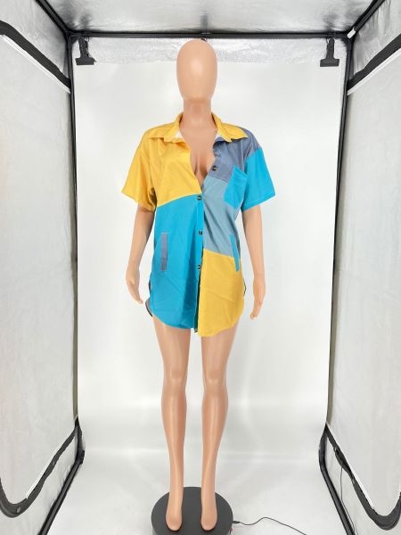 Stylish Multicolor Patchwork Shirt With Waist Slit Dress With Pockets