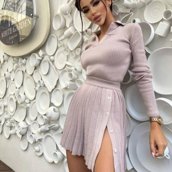 Women's Solid Color Long Sleeve Knit Sweater Top Pleated Skirt AliExpress Fashion Casual Knit Suit