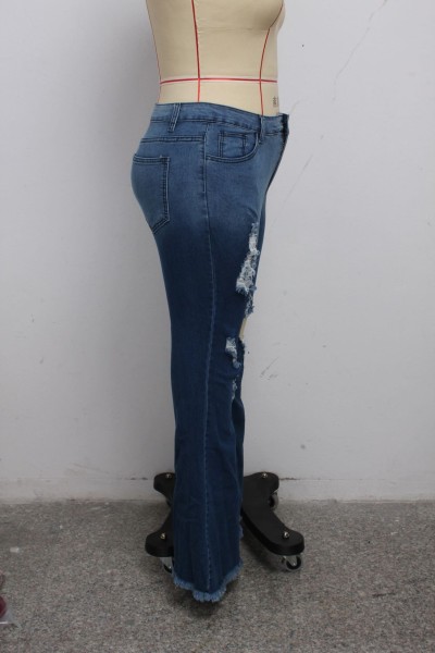 Sexy Fashion Knee Hole Slim Denim Stretch Big Size Fat MM Flared Pants