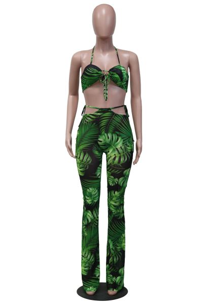 Sling Tie Rope Mesh Print Trousers Wide Leg Pants Sexy Suit