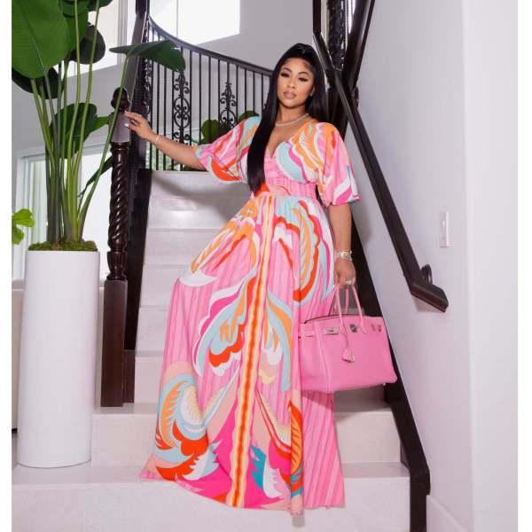 Dress Fashion Casual Positioning Print Butterfly Sleeve Ladies Swing Side Split Long Dress