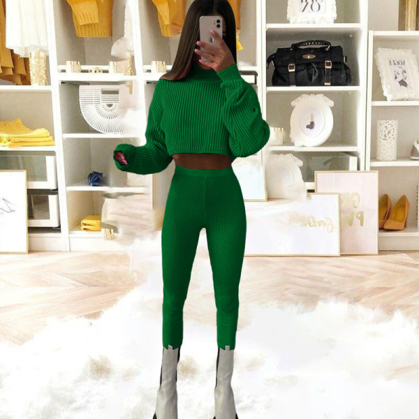 High-neck long-sleeved high-waist solid color wool pants two-piece set