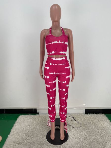 Digital Print Sexy Camisole V-Neck Eyelet Tie Pants Set