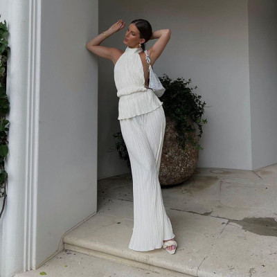 Halter neck sexy backless sleeveless vest white pleated high waist wide leg pants suit women