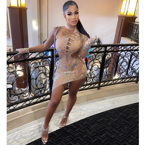 Fashion sexy nightclub hot drill one-shoulder slanted collar hollow open back irregular dress