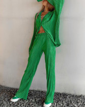 Long-sleeved loose pleated wide-leg pants two-piece autumn sexy retro design casual set