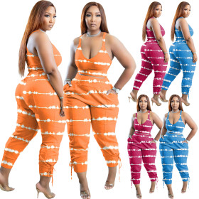 Digital Print Sexy Camisole V-Neck Eyelet Tie Pants Set