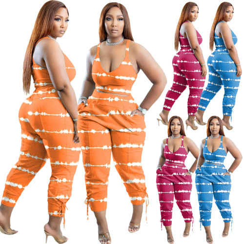 Digital Print Sexy Camisole V-Neck Eyelet Tie Pants Set