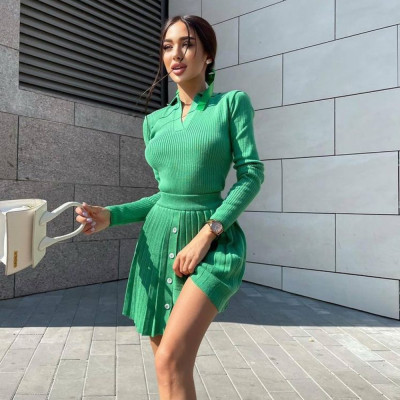 Women's Solid Color Long Sleeve Knit Sweater Top Pleated Skirt AliExpress Fashion Casual Knit Suit
