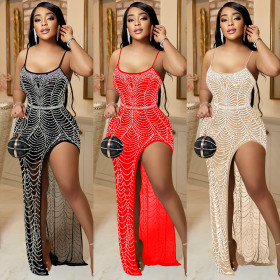 Fashion solid color suspenders irregular hot diamond long dress women