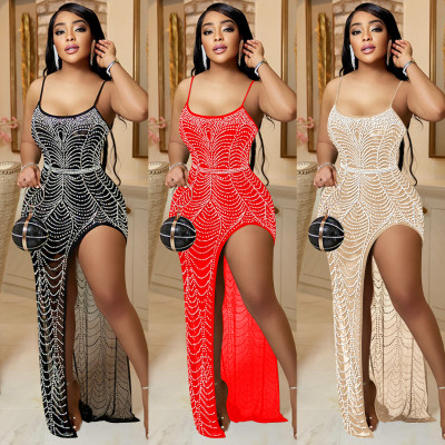 Fashion solid color suspenders irregular hot diamond long dress women
