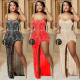 Fashion solid color suspenders irregular hot diamond long dress women