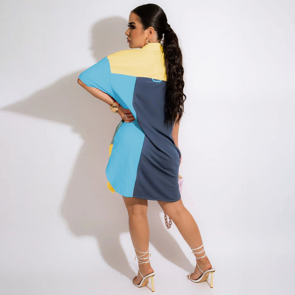 Stylish Multicolor Patchwork Shirt With Waist Slit Dress With Pockets