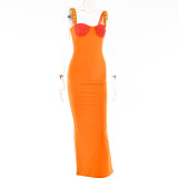Contrast color low-cut high-slit long skirt irregular backless tight-fitting chest strap dress women