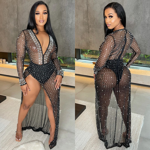 Fashion women's nightclub hot drill deep V long-sleeved slit dress women