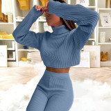 High-neck long-sleeved high-waist solid color wool pants two-piece set