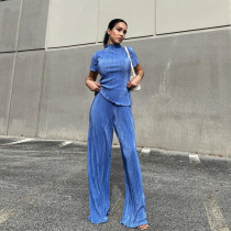 High neck tight T-shirt high waist blue pleated wide leg pants temperament commuter suit