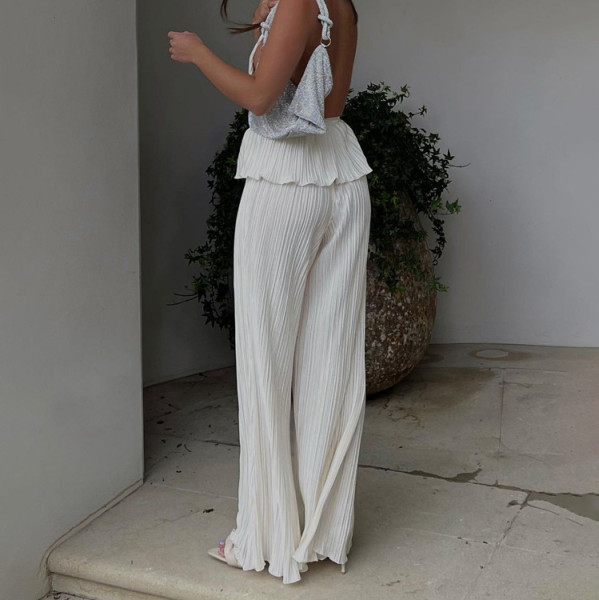 Halter neck sexy backless sleeveless vest white pleated high waist wide leg pants suit women