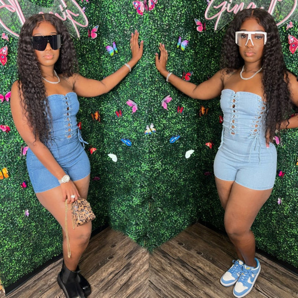 Sexy Chest Wrap Rope Bodysuit Stretch Wash Denim Jumpsuit