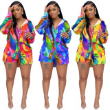 Fashion Print Casual Style Long Sleeve Shorts Two Piece Women's Clothing