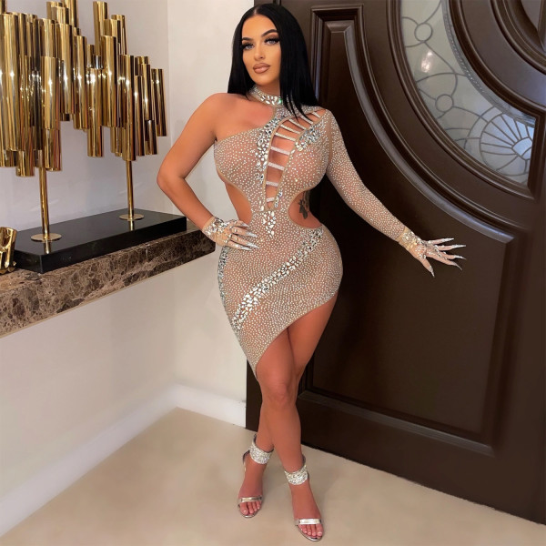 Fashion sexy nightclub hot drill one-shoulder slanted collar hollow open back irregular dress