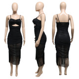 Sling Cutout Sheer Mesh Pleated Fringe Dress