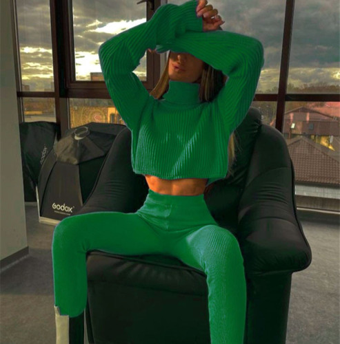 High-neck long-sleeved high-waist solid color wool pants two-piece set