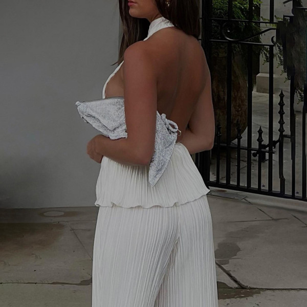Halter neck sexy backless sleeveless vest white pleated high waist wide leg pants suit women