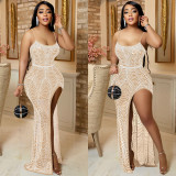 Fashion solid color suspenders irregular hot diamond long dress women