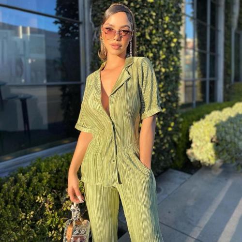 French Commuter Green Short Sleeve Shirt Casual Pleated High Waist Wide Leg Pants Set