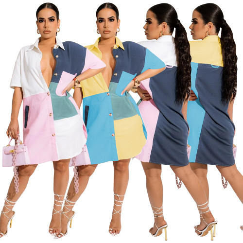 Stylish Multicolor Patchwork Shirt With Waist Slit Dress With Pockets