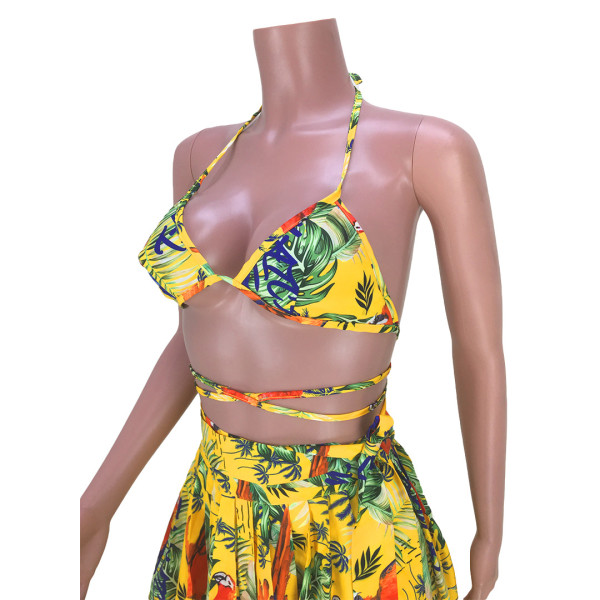 halterneck lace-up printed bikini two-piece pleated skirt