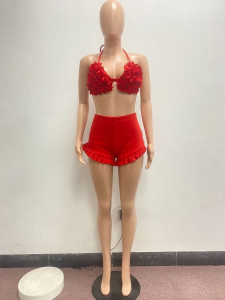 Fashion sexy strappy halter neck open back ruffle shorts suit