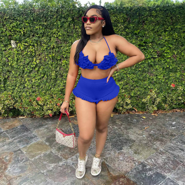 Fashion sexy strappy halter neck open back ruffle shorts suit