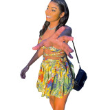 halterneck lace-up printed bikini two-piece pleated skirt