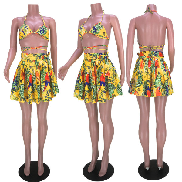 halterneck lace-up printed bikini two-piece pleated skirt