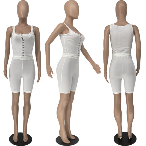 Solid color slim fit simple hook buckle vest two-piece suit