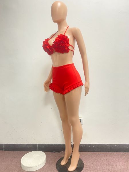 Fashion sexy strappy halter neck open back ruffle shorts suit