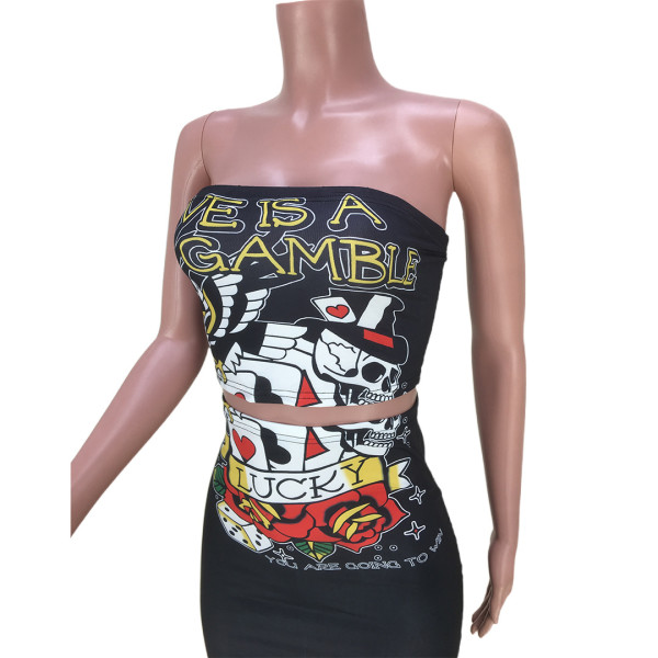 Nightclub suit sexy open back wrap chest positioning print two-piece set