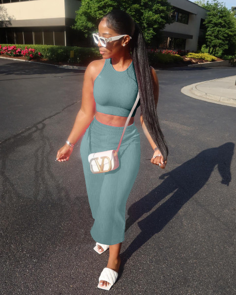 Solid color pit strip vest flared pants two-piece set