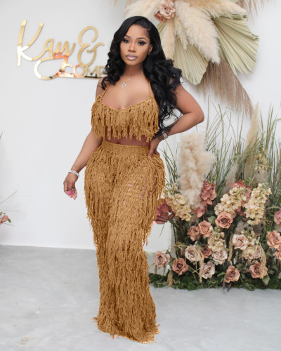 Sexy see-through knitted hand hook fringed beach suit