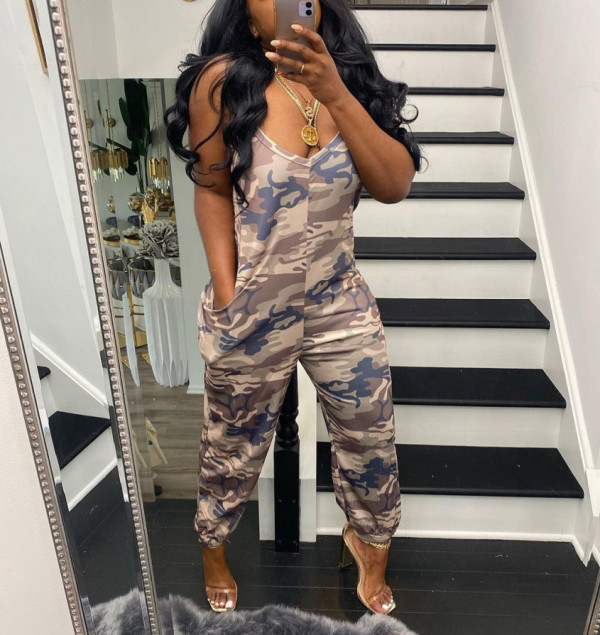 Sexy Loose Sling Double Sided Pocket Fashion Camouflage Jumpsuit