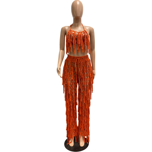 Sexy see-through knitted hand hook fringed beach suit
