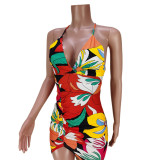 Nightclub Fashion Print Tie Irregular Slit Dress