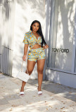 Fashion Print Multicolor Shirt Shorts Casual Outfit