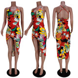 Nightclub Fashion Print Tie Irregular Slit Dress