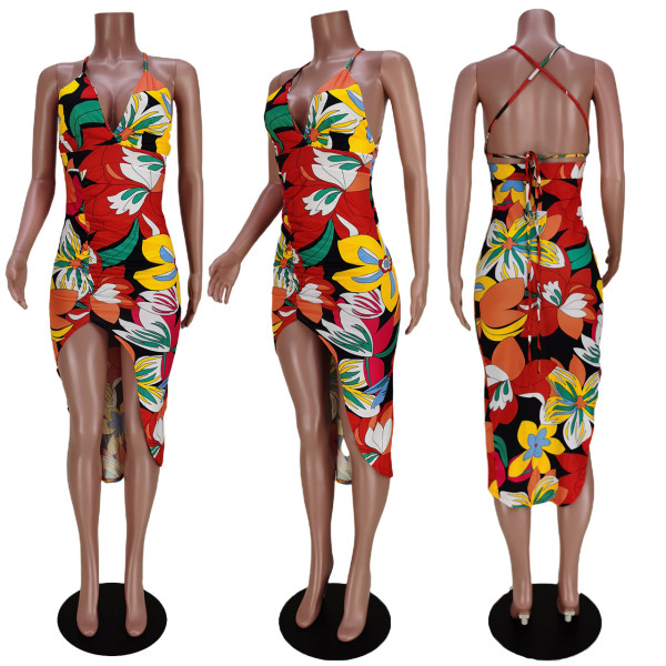 Nightclub Fashion Print Tie Irregular Slit Dress